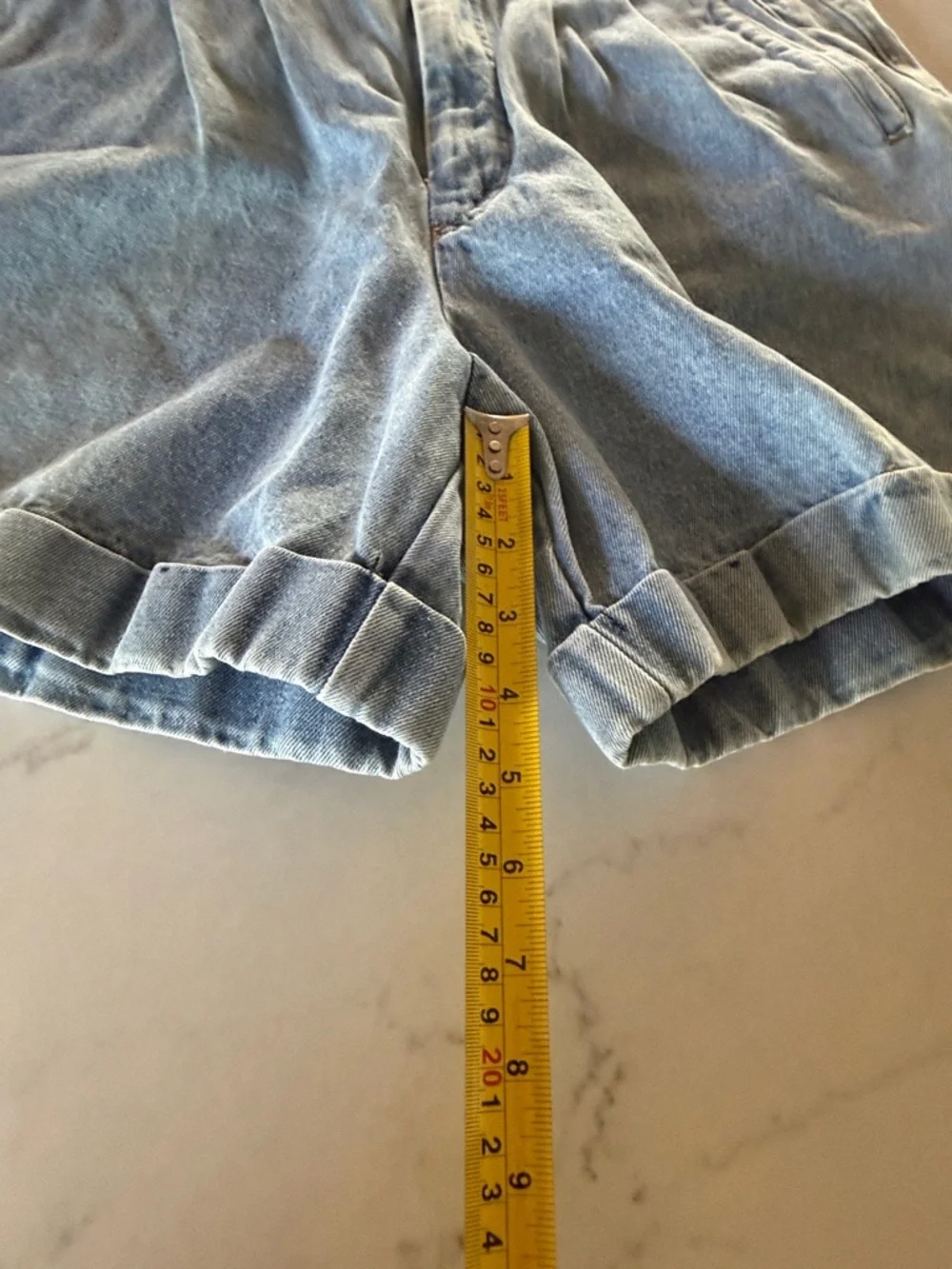 Red Patterned Long-Sleeve Top with Light Wash Jean Shorts